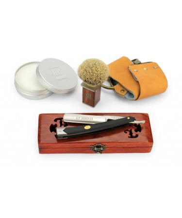 A.P.Donovan - solid razor 7/8 " - carbon steel black plastic handle (brush soap paste leather string string) - complete set