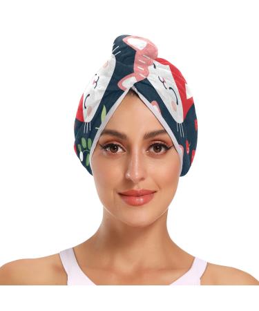 Cute Cat with Strawberry Hair Towel 2 Pack Super Absorbent Hair Drying Towel Quick Dry Hair Turbans Head Towel with Button Twisty Wrap for Women Girls