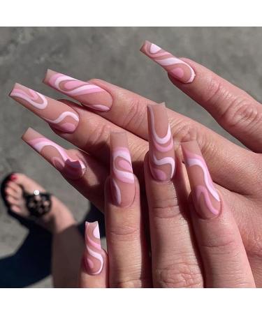 Sethexy coffin matt false nails snake line nail sticking abstract pink art false fingernails 24st acrylic you press nails for women and girls pink (pink)