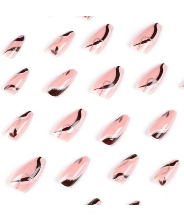 24pcs Short Almond Pink Brown Wave Glitter Gold False Nails - Women's Nail Art Accessories - Buy Online on GoSupps.com