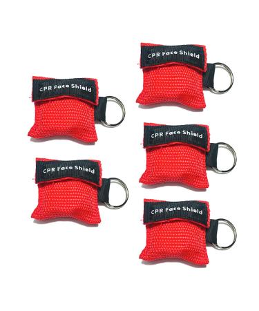 5Pcs CPR Mask Rescue Face Shields with One-Way Valve Breathing Barrier and Keychain Ring for First Aid or AED Training (Red)