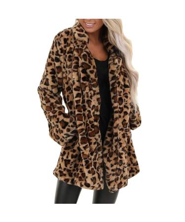 Duohropke Women Leopard Mantel Teddy Plush Parka Art Pelz with Bag Fuzzy Warm Coat Autumn Winter Langmar Winter Jacket Women Ownese Outwear Casual Faux for Jacket Leo Oversize S Brown