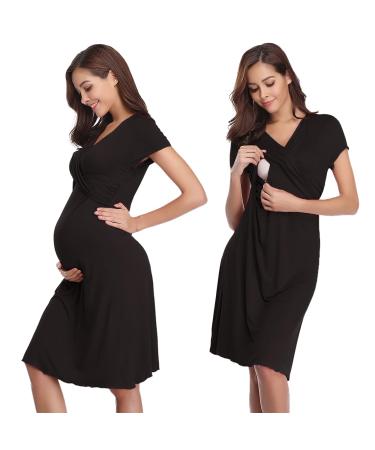 Irdcomps Women s Breastfeeding Nightdress Maternity Nightshirt Nursing Nightgown Soft V Neck Pajama Loungewear Tops Dress for Pregnant Casual Black M