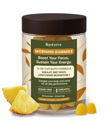 Rooterra Inner Bloom Premium Shilajit Gummies with Lion s Mane & Cordyceps Morning Energy & Focus Supplement Green Coffee & Beet Root Vegan Sugar-Free Pineapple (60 Count)