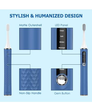 Sonic Electric Toothbrush for Adults - Rechargeable with LED Indicator, 2 Mins Timer, 5 Modes, 4 Brush Heads - Blue - Ideal for Men, Women, Couples - Wall-Mount Holder Included - Buy Online on GoSupps.com