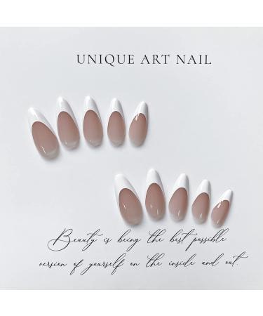 Long Almond French Tip Press on Nails - White Tip Nude Pink Glossy Acrylic False Nails Kit - 24 Pcs - Buy Online on GoSupps.com