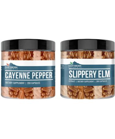 Earthborn Elements Cayenne Pepper & Slippery Elm Bundle (200 Capsules Each) Pure & Undiluted No Additives