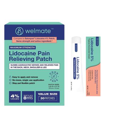 WELMATE Ultimate Pain Relief Duo: 4% Lidocaine Numbing Patch (30 Ct) & 5% Lidocaine Cream (1 Oz)