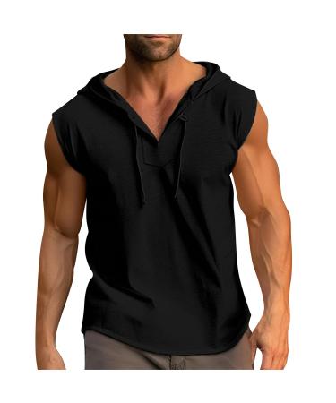 Rosennie Stringer Tank Top Men's V-neck Single-colored sleeveless hoodie cord strap wearer shirt with hood summer carrier shirt loose gym tank top bodybuilding muscle shirts armpit shirts xxl black