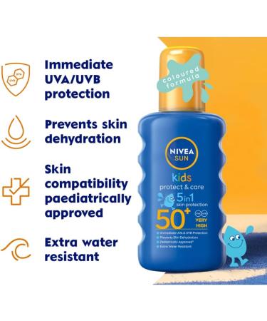 NIVEA SUN Kids Protect & Care SPF 50+ Coloured Spray - 200ml - Buy Online on GoSupps.com