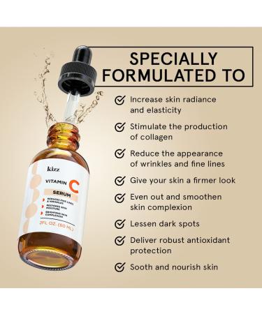 KIZZ Vitamin C Serum with Hyaluronic Acid, Vitamin E, Aloe & Jojoba Oil - Brightens and Moisturizes Skin, Reduces Fine Lines and Wrinkles - 2 fl. Oz - Buy Online on GoSupps.com