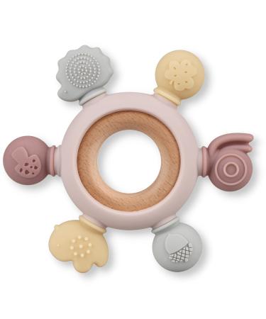 Baby Teething Toys  Silicone Chewable Rings with Organic Wooden  Natural Wooden Ring & Silicone Teething Toys for Soothing Teething Pain Relief (Khaki)