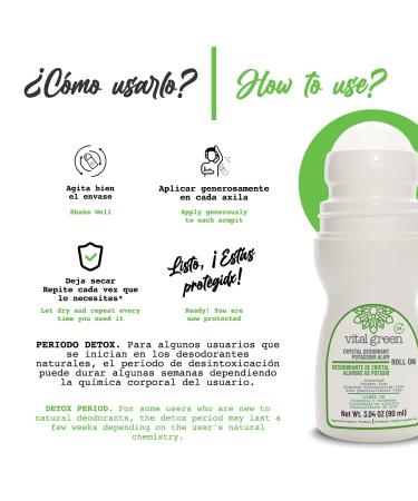 Vital Green Natural Roll On Deodorant of Potassium Alum For all Skin Types Unscented Mineral Deodorant For Men and Women - Eliminates bad odor and does not stain 3.04 Fl Oz / 90 ml (1 Unit) - Buy Online on GoSupps.com