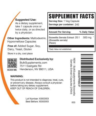 BulkSupplements.com Boswellia Serrata Extract Capsules - Boswellia Serrata Capsules - Boswellia Serrata Supplement Gluten Free 1 Capsule per Serving 240 Veg Capsules (Pack of 1) - Buy Online on GoSupps.com