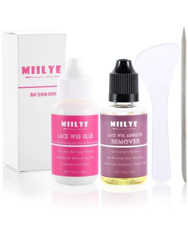 Wig Adhesive and Glue Remover Set, Invisible Waterproof MIILYE Hair Replacement Bonding Glue + Solvent, Light Hold for Lace Front Wig and Poly Hairpieces, Toupee, Cosmetic Hair Systems