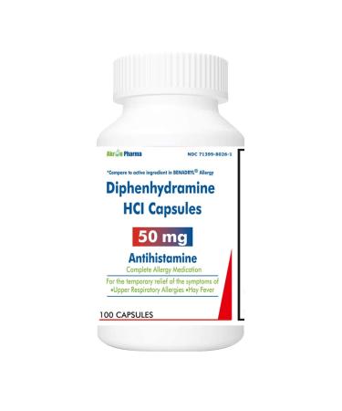 Allergy Relief Diphenhydramine HCl Capsules 50 mg Antihistamine 100 Count
