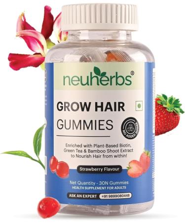 Grow Hair 30 Gummies with Biotin Bamboo Shoot Extract Green Tea Extract Iron Vitamin B12 B2 Folic Acid Keeps Hair Healthy & Strong Natural Strawberry Flavored 100% Vegetarian Gelatin Free