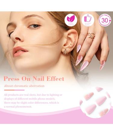 24PCS Medium Almond Flower Press on Nails - Pink Glossy False Nails with Glue | Spring Nail Decoration for Women - Buy Online on GoSupps.com