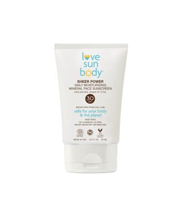Love Sun Body 100% Natural Origin Sheer Power Daily Moisturizing Mineral Face Sunscreen SPF 30 Broad Spectrum Fragrance-Free  Anti-Aging Sunblock Lotion  Sensitive Skin Safe  Travel Size  Reef Safe  Cosmos Natural