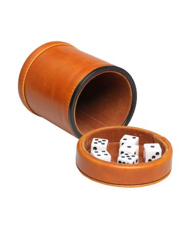 RERIVER Leatherette Dice Cup with Lid Includes 6 Dices, Velvet Interior Quiet in Shaking for Liars Dice Farkle Yahtzee Board Games, Brown Brown-1