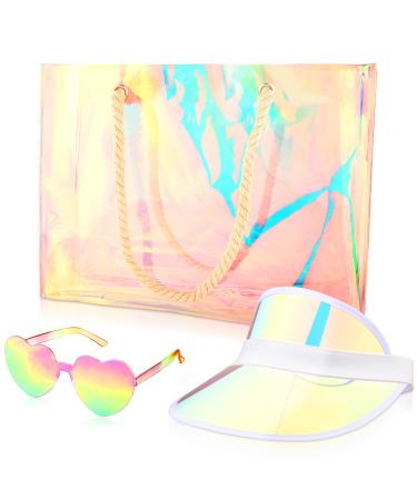 Jeyiour 3 Pcs Holographic Clear Tote Bag Colored Clear Sun Visor Hat Rimless Heart Shape Sunglasses for Women Summer