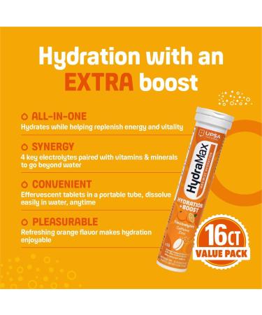 Upsa Hydramax Boost Electrolyte Supplements 16 Count - Natural Orange Flavor 4 Electrolytes Plus Vitamin C & B3 - Buy Online on GoSupps.com