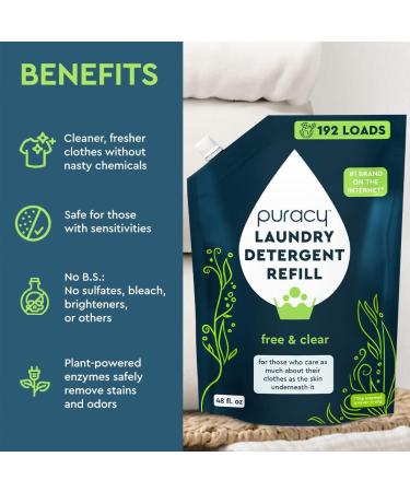 Puracy Free & Clear Laundry Detergent Refill - 48 fl oz (192 Loads) | Natural & Gentle Liquid Concentrate with Stain-Fighting Enzymes | 1,4 Dioxane Free - Buy Online on GoSupps.com