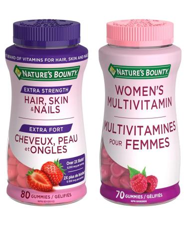 Nature's Bounty Extra Strength Hair Skin & Nails 80 Gummies Strawberry cream flavour & Women's Multivitamin Helps Maintain Good Health 70 Gummies HSN Extra Strength + VITAMIN 800708