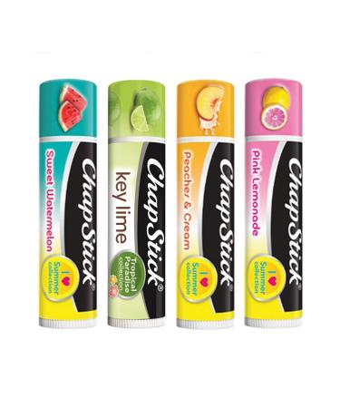 Chapstick Set of 4 Tropical Summer Collection 0.15 oz (Key Lime  Peaches & Cream  Pink Lemonade  Sweet Watermelon)