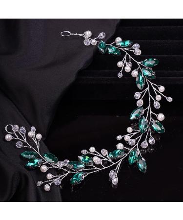 Teyglen Green Rhinestones Pearls Crystals Long Headband Hair Vine Handmade Bridal Silver Crystal Headband Wedding Hair Accessories for Brides Hair Pieces Headpieces for Women Girl