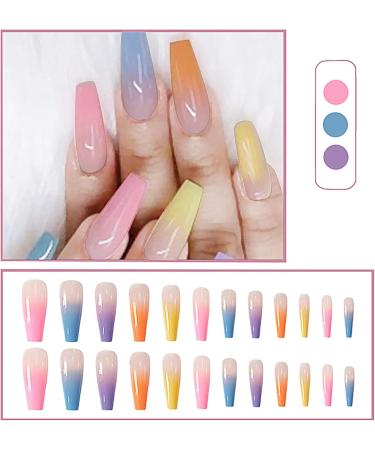 24pcs Rainbow Press On Nails Long Ballerina False Nails Full Cover Coffin Fake Nails Stick On Nails Neon Tip French Manicure Artificial Nails Acrylic Nails Stick On Nail False Tips for - Buy Online on GoSupps.com