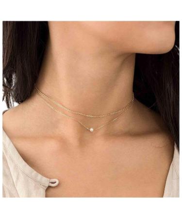 Boho Layered Pearl Choker Necklace Gold Pearl Pendant Necklace Tiny Dot Layering Necklace Vintage Necklace Chain Jewelry for Women and Girls Gifts