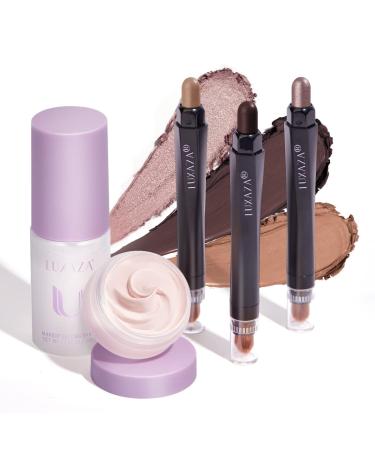 LUXAZA 3Pcs Eyeshadow Stick  Matte And Shimmer Eye shadow Stick Pencil With Eyeshadow Primer and Setting Spray  3-in-1 Eye Makeup Kit-Waterproof B-Cocoa set