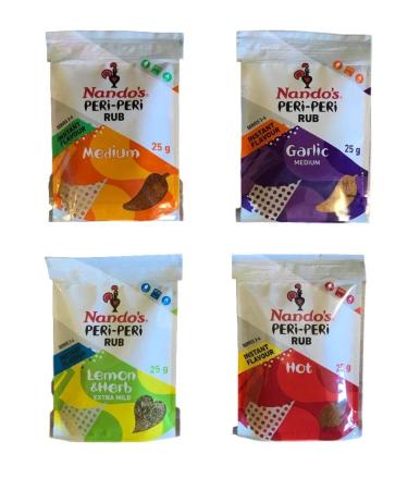 Nando's Nando's Peri-Peri Rub Pack of 4 Vegan Chicken Seasoning Rubs 4 Flavors (one of each flavor) Lemon & Herb Garlic Medium Hot 25g each