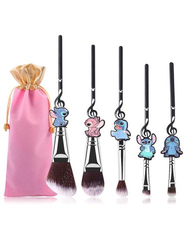  5 Pcs Stitch Makeup Brush Set Lilo and Stitch Gifts Cosmetic Brushes for Powder Eyeshadow Blushes Lips Portable Kawaii Makeup Brush Set Stitch Gifts for Girl Women Black