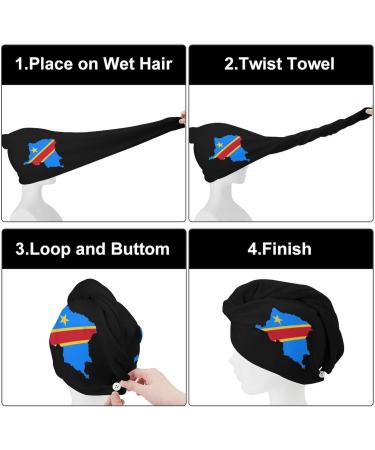 Congo Flag Map Microfiber Hair Towel Wrap for Women - Super Absorbent 10"x26" Hair Turban with Button - Buy Online on GoSupps.com