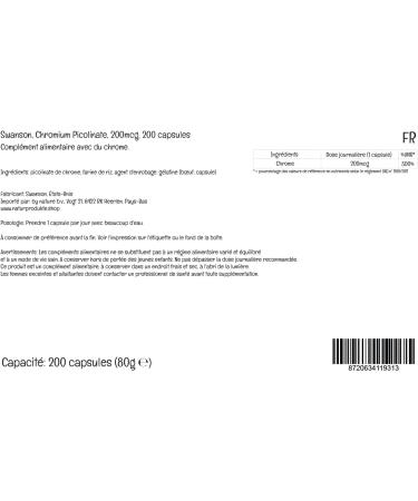 Swanson Chromium Picolinate (Picolinate de Chrome) 200mcg Hautement Dos 200 Capsules Sans Soja Sans Gluten Sans OGM - Buy Online on GoSupps.com