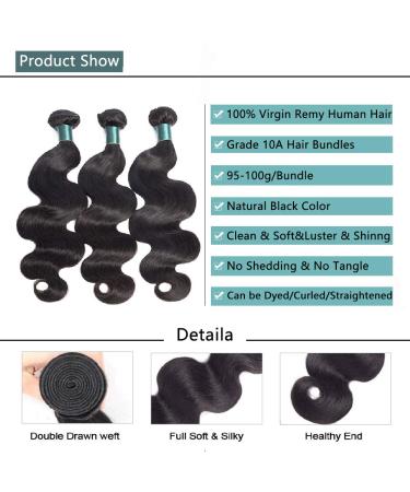 Brazilian Body Wave Human Hair Bundles with 13X4 Frontal Closure - 100% Unprocessed Virgin Hair - Natural Color - 3 Bundles + Free Part Closure - 12 14 16 + 10 - Buy Online on GoSupps.com