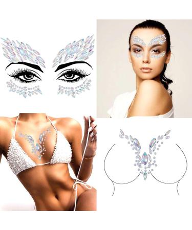 Blindery Rhinestone Face Jewels Rave Festival Face Gem Mermaid Chest Gem Crystal Eyes Face Stickers for Women and Girls 2PCS