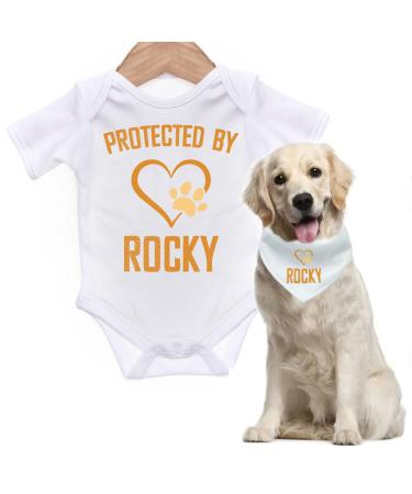 Personalised Protected By Dog Name Baby Grow for Baby Girl or Boy Cute and Comfortable Baby Vests With Matching Dog Scarf Bandana 0 Months White