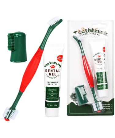Ccomage 3pcs Pet Dental Care Kit Double-Ended Toothbrush Toothpaste Dogs Cat 360 Tooth Brushing Kit Finger Brushes Poultry Flavor Enzymatic Gum Toothpaste Reduce Plaque Whiten Teeth Freshen Breath Green-Beef Flavor