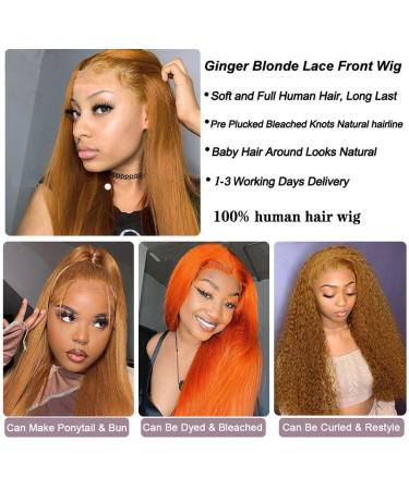 Ginger Brown Lace Front Human Hair Wig 20 Inch - 150% Density Straight Ginger Blonde Wig with HD Lace Frontal & Baby Hair - Brazilian Hair Pre Plucked for Natural Look - Buy Online on GoSupps.com