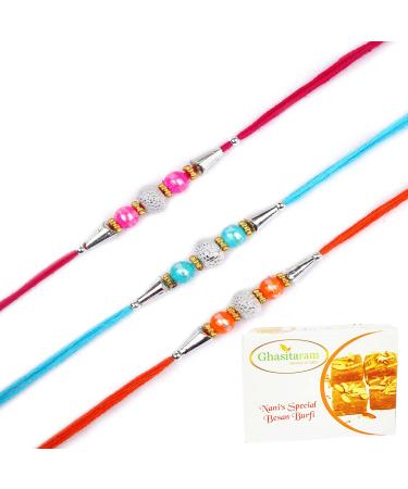 Ghasitaram Gifts Rakhi for Brother Rakhis Online - Set of 3-6194 Rakhis with 200 GMS of Besan Barfi