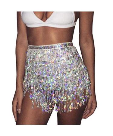 Zoestar Boho Sequin Tassel Hip Scarf Multilayer Belly Dance Belt Dance Performance Skirt for Women and Girls Silver