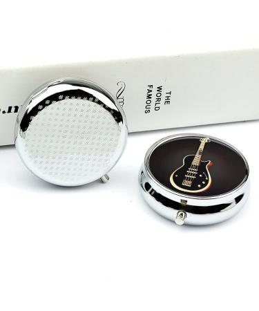 Round Black Guitar Print Pill Box - 3 Compartment Portable Metal Organizer for Medicine - Buy Online on GoSupps.com