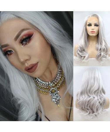 Light Silver Gray Color Long Wave Hair Drag Queen Synthetic Lace Front Wigs for Women Girls Cosplay Wedding Party Summer Wigs Pastel Color 22 "