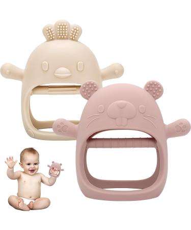 Bite ring baby 2 pieces baby toys 6 9 12 months dental aid baby from 3 months glove bite ring baby mottling biting toys gifts for toddlers (beige + pink)