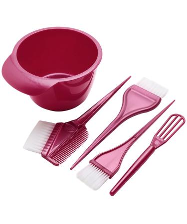 Premium Salon Hair Dye Kit, 5 Pack Hair Coloring Brush and Bowl Set for DIY Hair Dyeing, Bleach, 3 Hair Color Applicator Brush, 1 Whisk, 1 Color Mixing Bowl (Purplish Red)