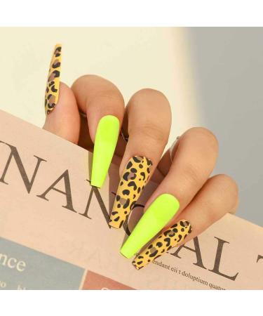 Sethain Matte Ballerina False Nails Black Fake Nail Long Full Cover Coffin Press on Nails for Women and Girls (Yellow Leopard Print)