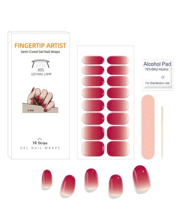 Semi Cured Gel Nail Wraps 16Pcs Pure Color Gel Nail Polish Strips Soft Self-Adhesive Glitter Gel Nail Stickers Salon-Quality French Manicure Set with Soft Glossy Gel Finish - Gradient Rose Red Rose Red Glitter